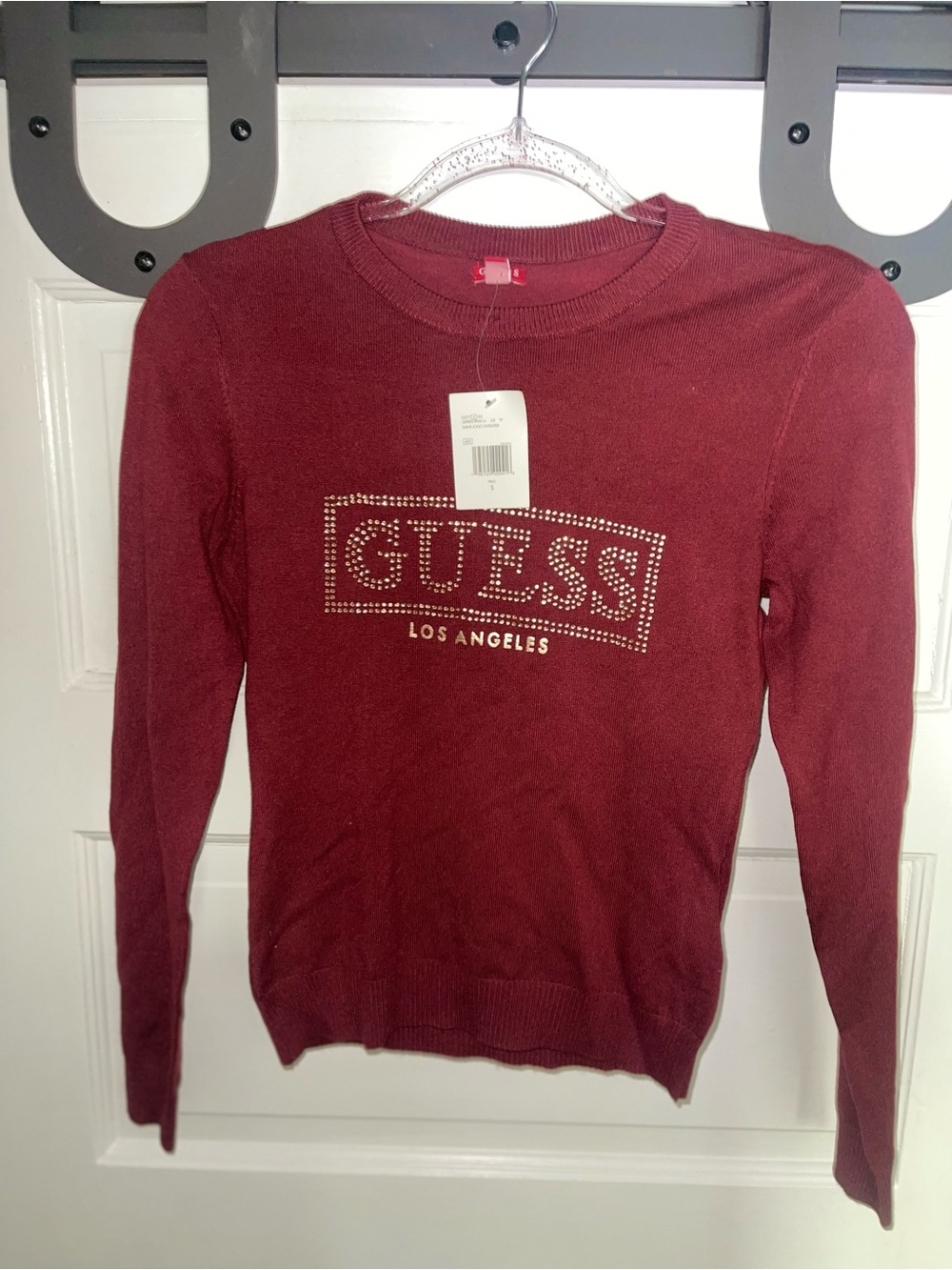 GUESS Wine-Red Rhinestone Logo Sweater | NWT | Women’s Small
